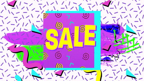 animación digital del texto de venta en un banner púrpura contra formas abstractas de colores en un fondo blanco