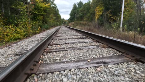 Fast low altitude FPV drone flight above railroad tracks through fall forest