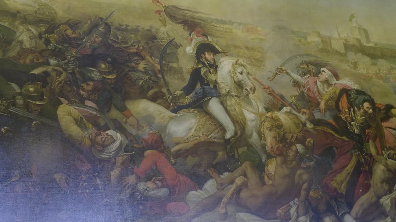 Napoleon on horseback leading troops in a chaotic battle scene, intense action