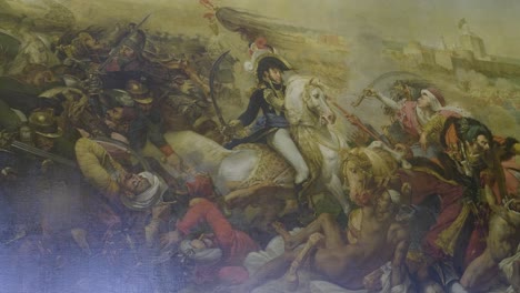 napoleon on horseback leading troops in a chaotic battle scene, intense action
