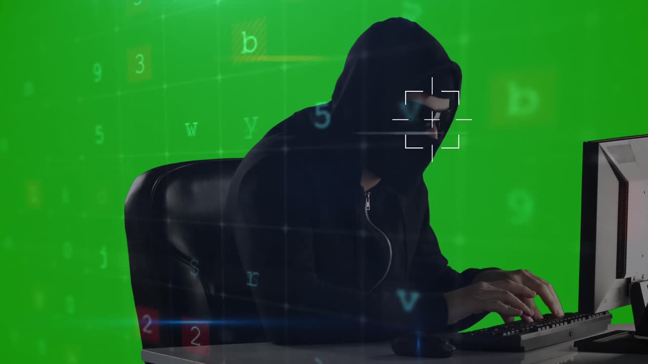 Cyber security data processing over male hacker using computer against green screen