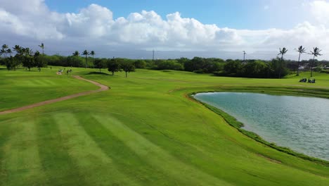 Aerial-shot-of-a-beautiful-golf-course-in-Honolulu-Hawaii
