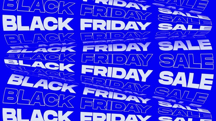 Black friday sale blue bright promotional animation background loop. Perceptible word rolls low price sign banner for promo advertising. Flashy black friday sale social media kinetic marketing announcement video.