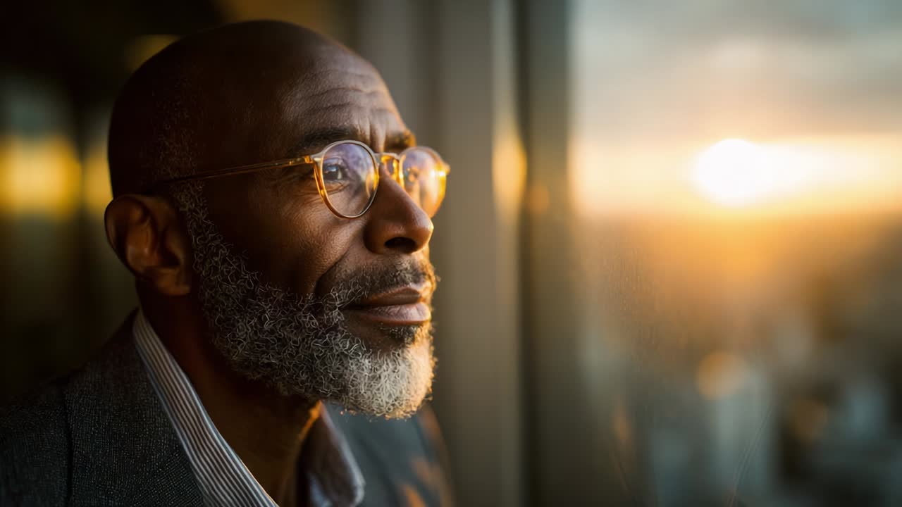 A Thoughtful Reflection at Sunset: An Elderly Man Gazes Out the Window, Contemplating Life's Journey as the Warm Glow of the Sunsets Creates a Serene Ambiance in the Room