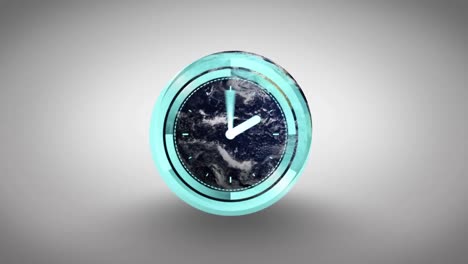 Animation-of-moving-clock-over-globe-on-white-background