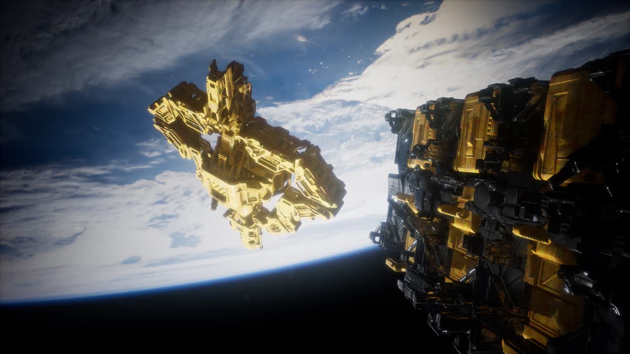 애니메이션 우주 정거장을 비행하는 것