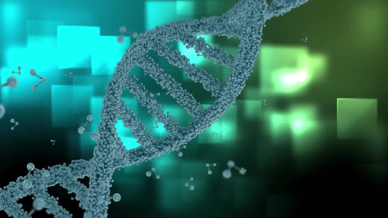 Animation of dna strand over green squares on black background
