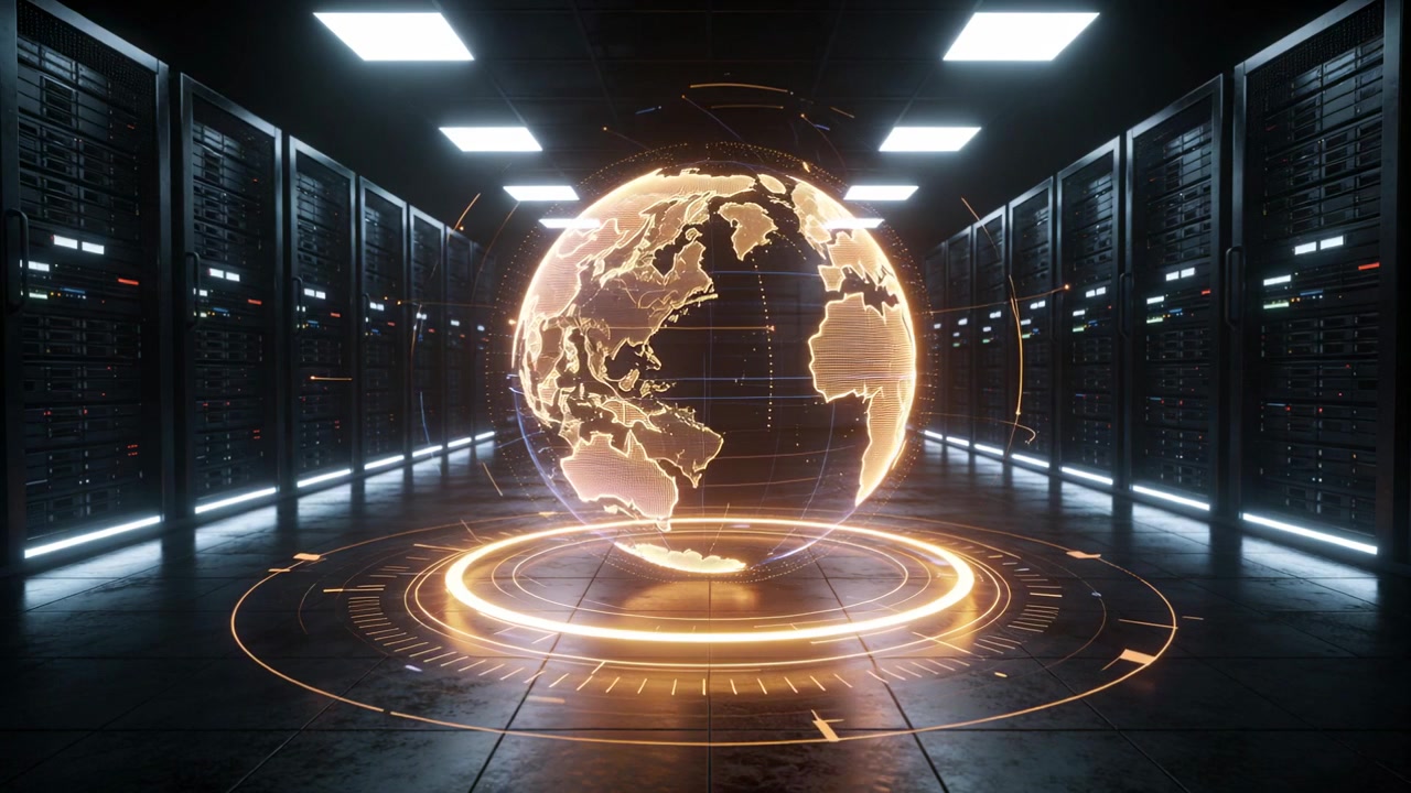 Rotating golden holographic globe hovering above platform between server racks, orbiting data lines