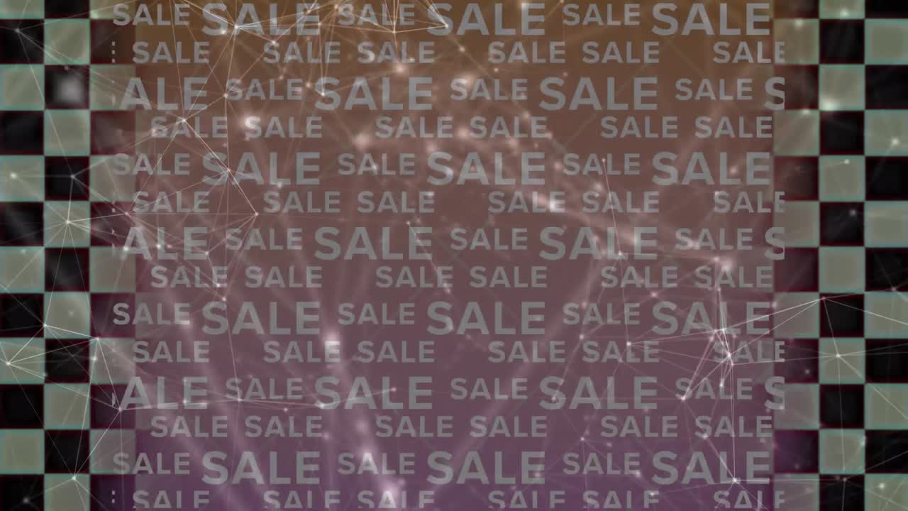 Animation of text sale, with network of connections over chequered border and pink background