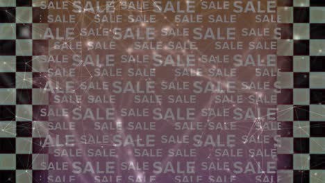 animación de la venta de texto, con una red de conexiones sobre un borde a cuadros y un fondo rosa