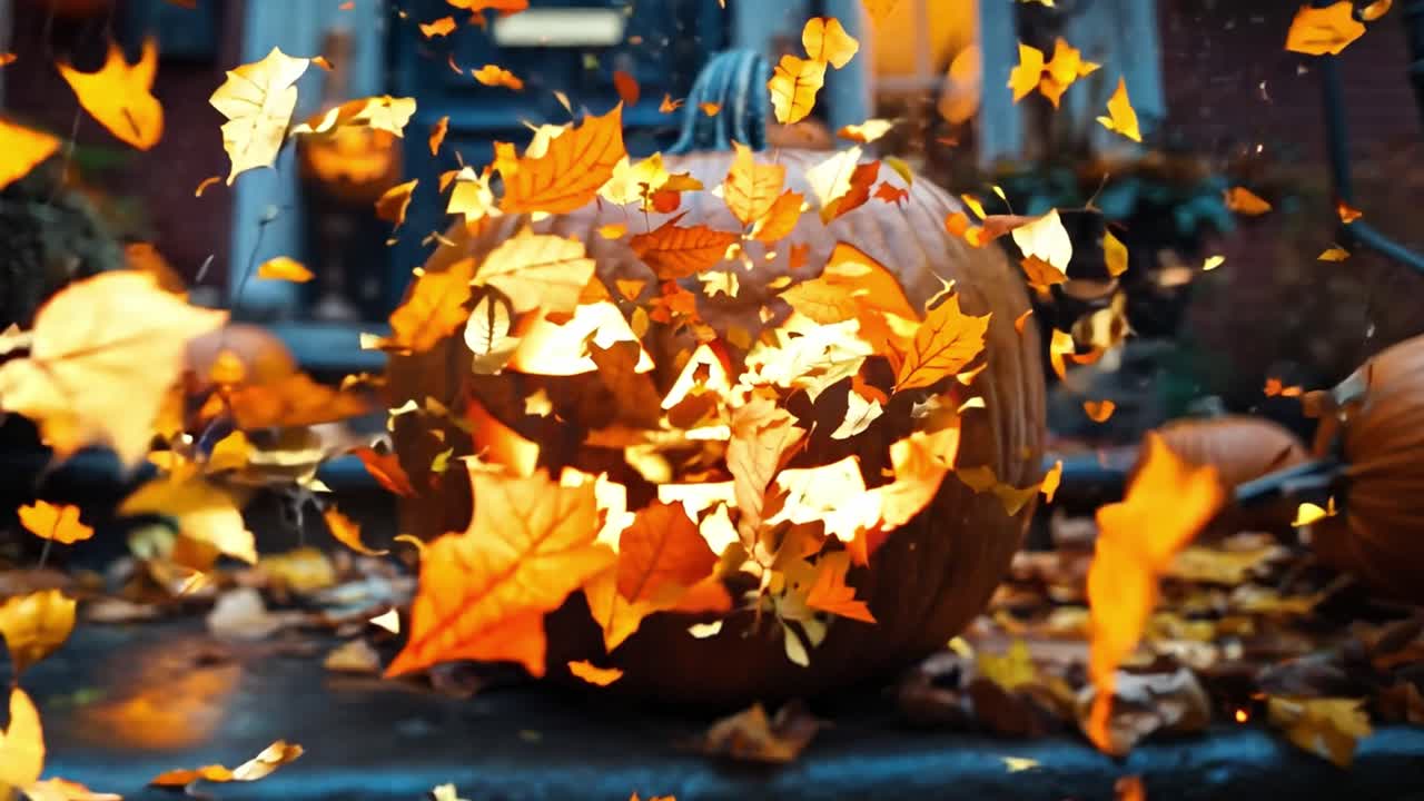 calabaza de halloween con hojas de otoño