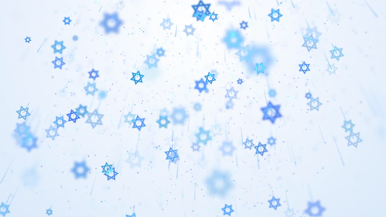 Rain of blue rotating stars of david and small blurred particles on a white animated background. Jewish symbols. Looped motion graphics.