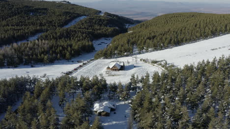 Impresionante-Vista-Sobre-Un-Bosque-De-Pinos-Con-Nieve-Blanca-Y-Brillante-Y-Una-Cabaña-Desierta