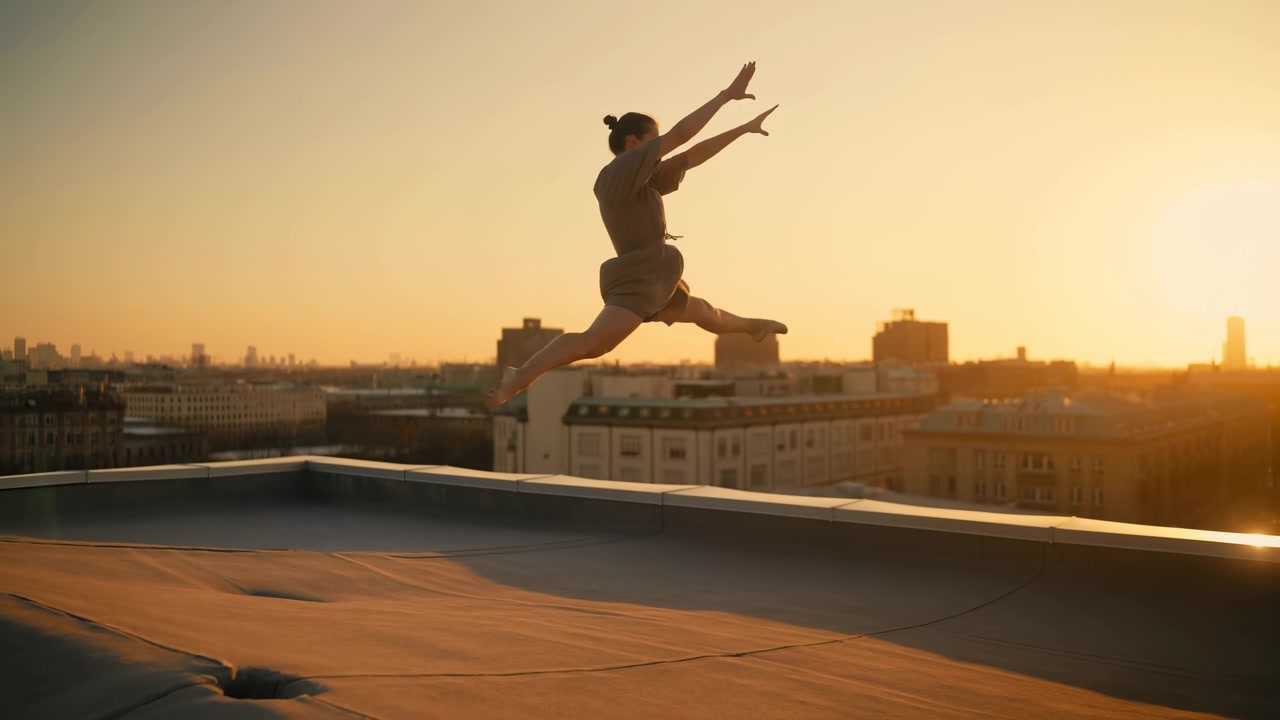 Persona che pratica una sequenza yoga su un tetto urbano con sfondo di paesaggio cittadino in una luce del tramonto pacifica e serena, vista laterale leggermente elevata, materiali in cemento e asfalto, giallo e blu