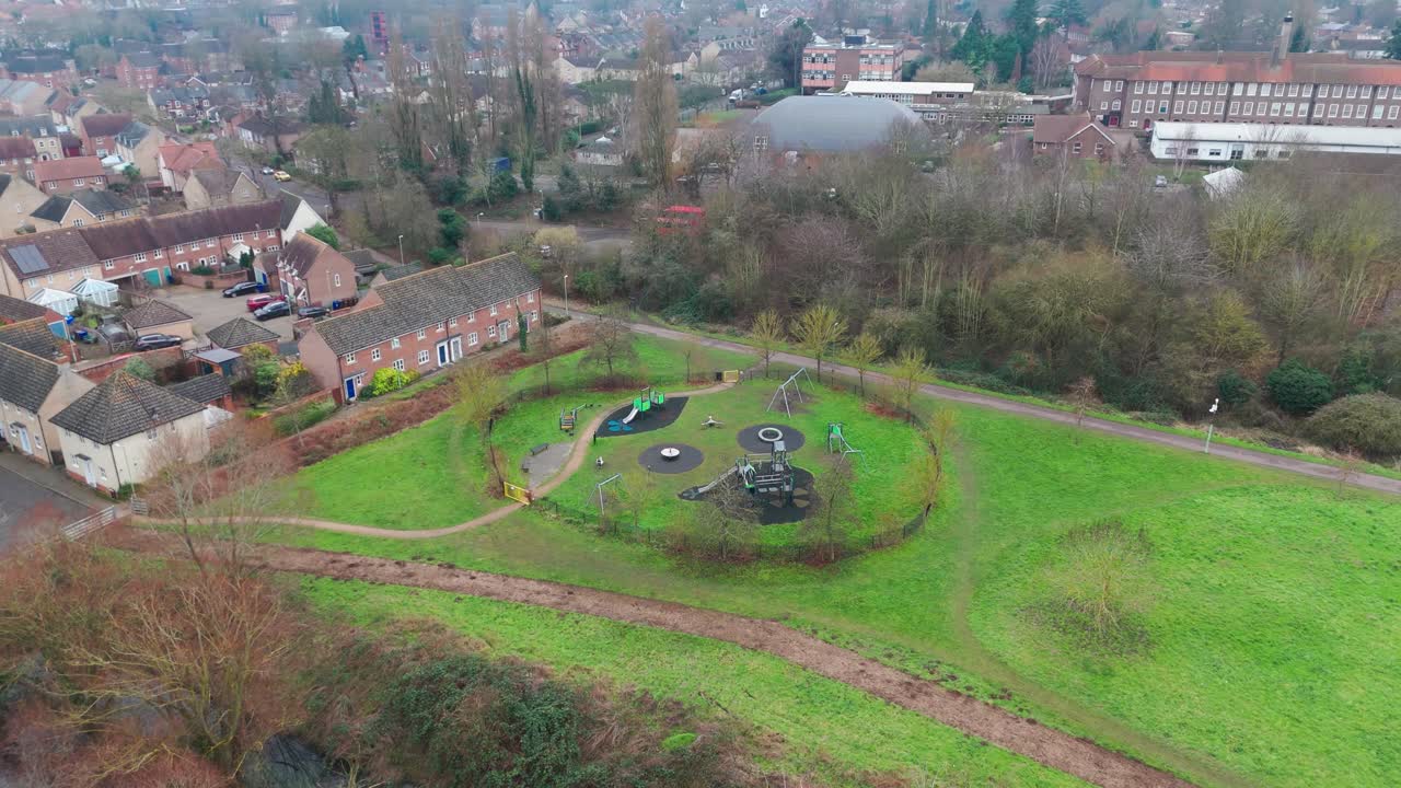 A park and playground in ram meadow, bury st edmunds, uk , aerial view