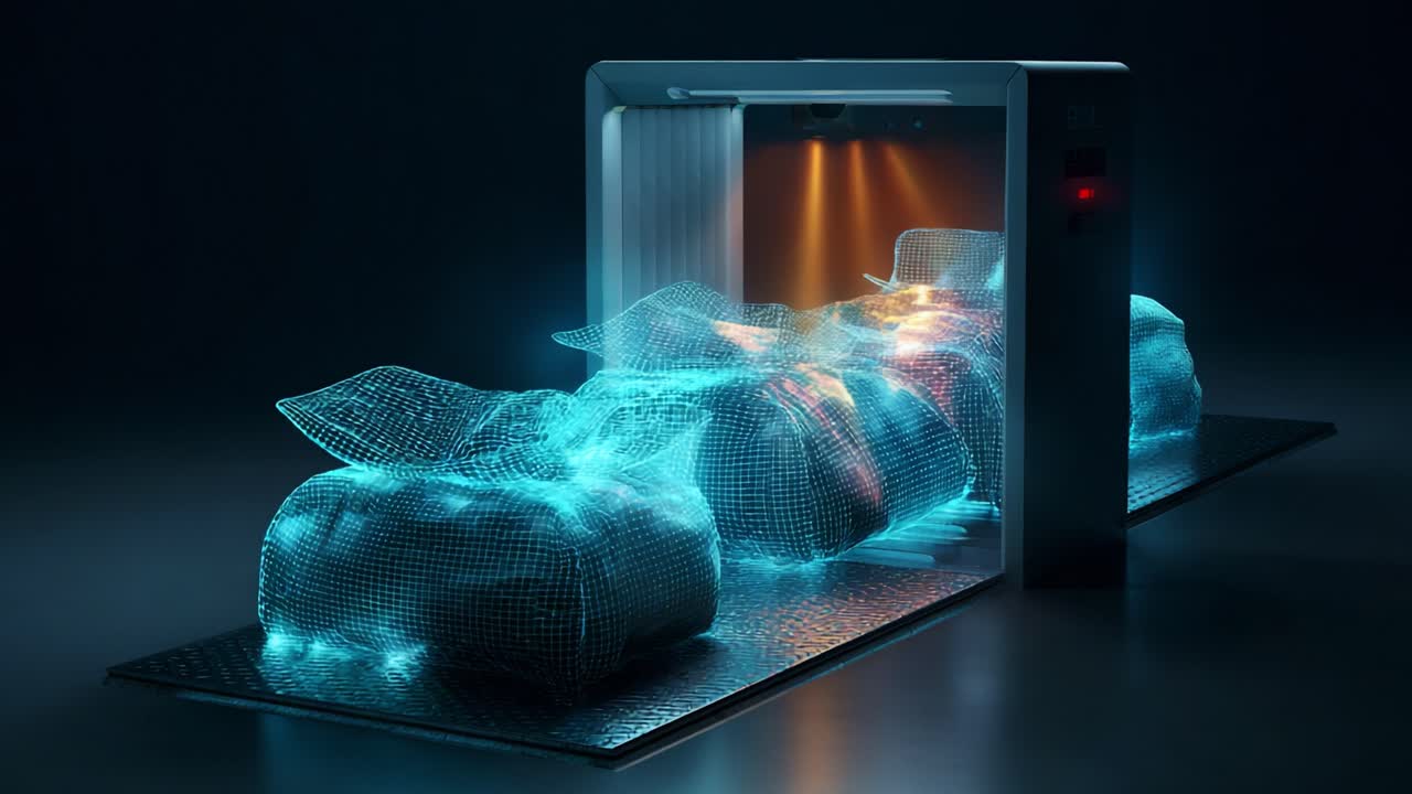 An Innovative Approach to Secure Package Scanning with Advanced Technology, Showcasing the Transformation from Digital Visualization to a Bright, Yellow-Lit Inspection Environment