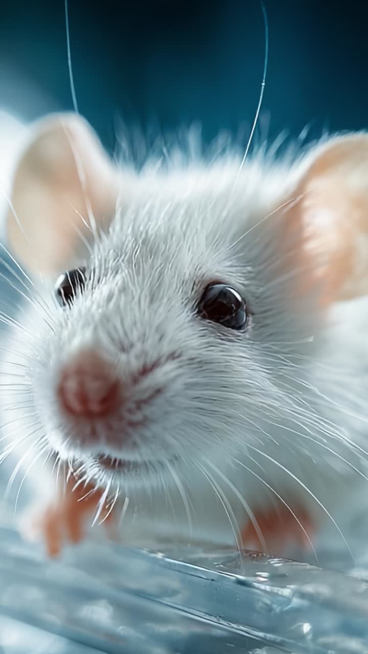 Primo piano di un adorabile topolino bianco che mette in risalto i suoi tratti carini, l'espressione giocosa e il pelo morbido su uno sfondo blu