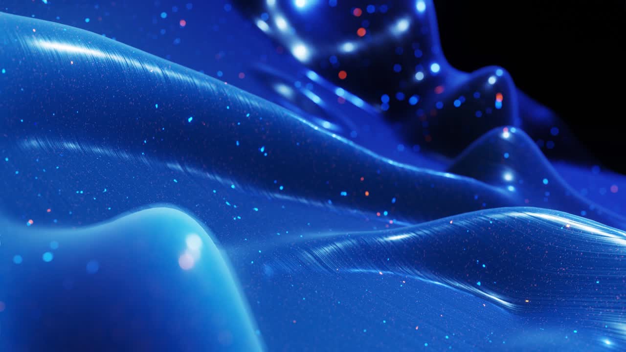 fantastical festive blue bg. Stylish abstract looped background, waves move on glossy surface like landscape made of liquid blue wax with sparkles. Beautiful soft background with smooth animation 4k