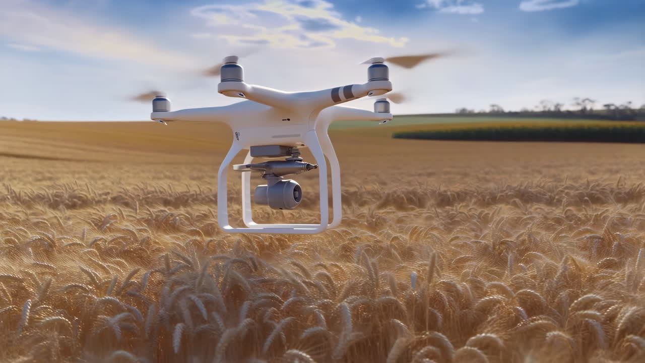 A drone hovers over a golden wheat field