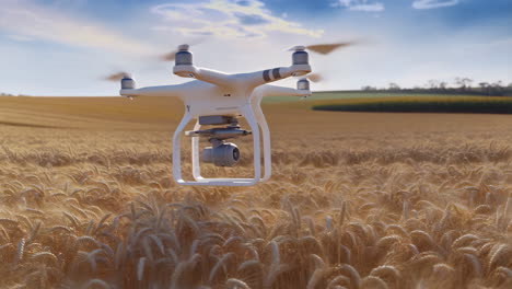 a drone hovers over a golden wheat field
