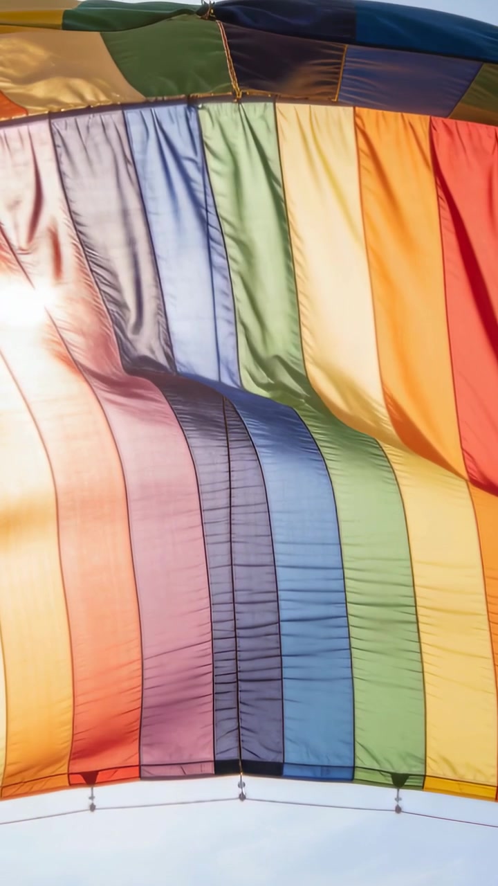 Vertical video: Billowing rainbow canopy fabric reacting to wind above blue sky, showing fittings