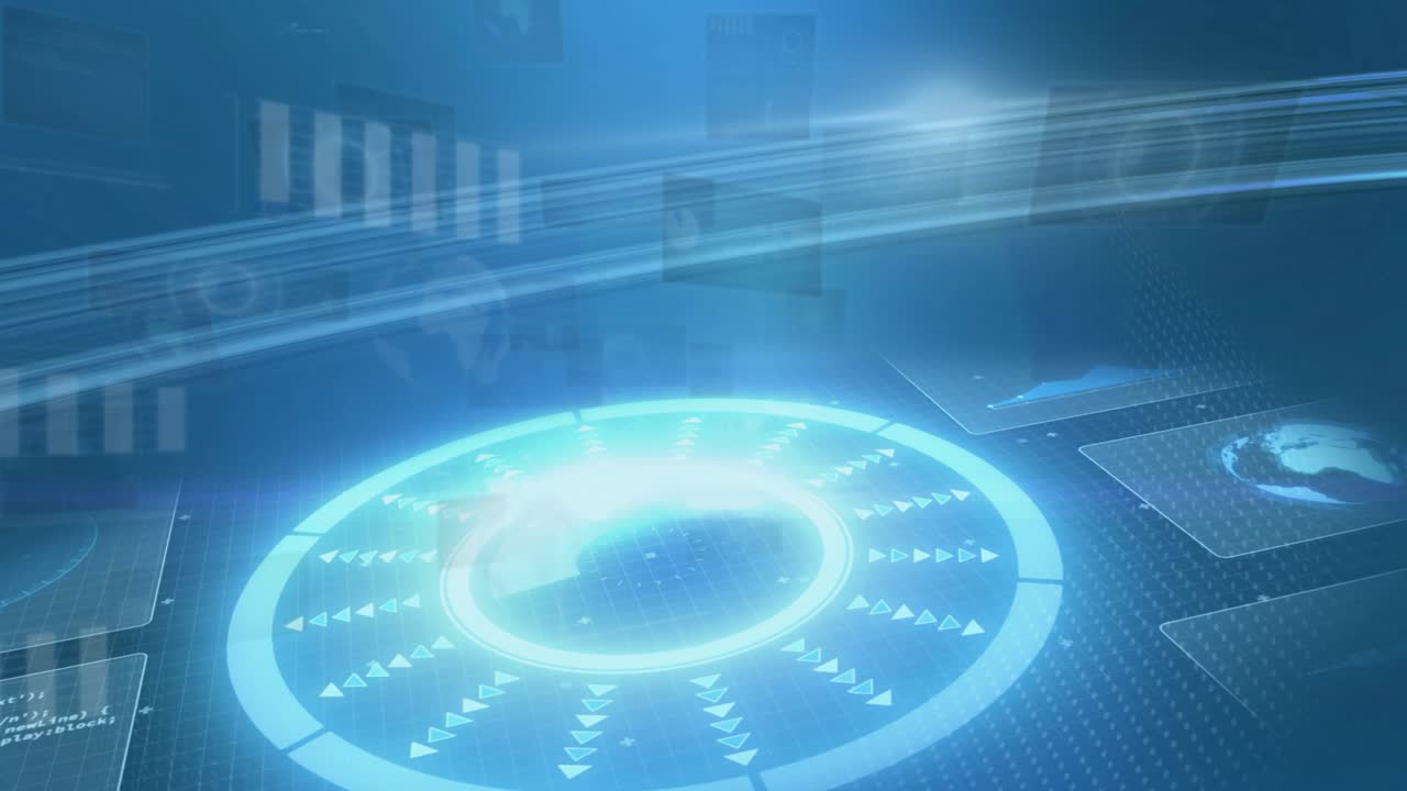 Bright flare revealing central holographic ring, panels sliding and globe drifting for showing data