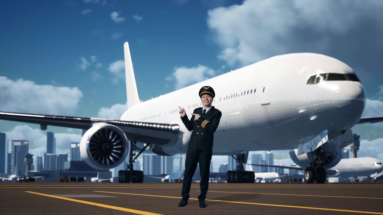 Full Body Of Asian Man Pilot Smiling And Pointing To Side While Standing In Airfield With Airplane On Background