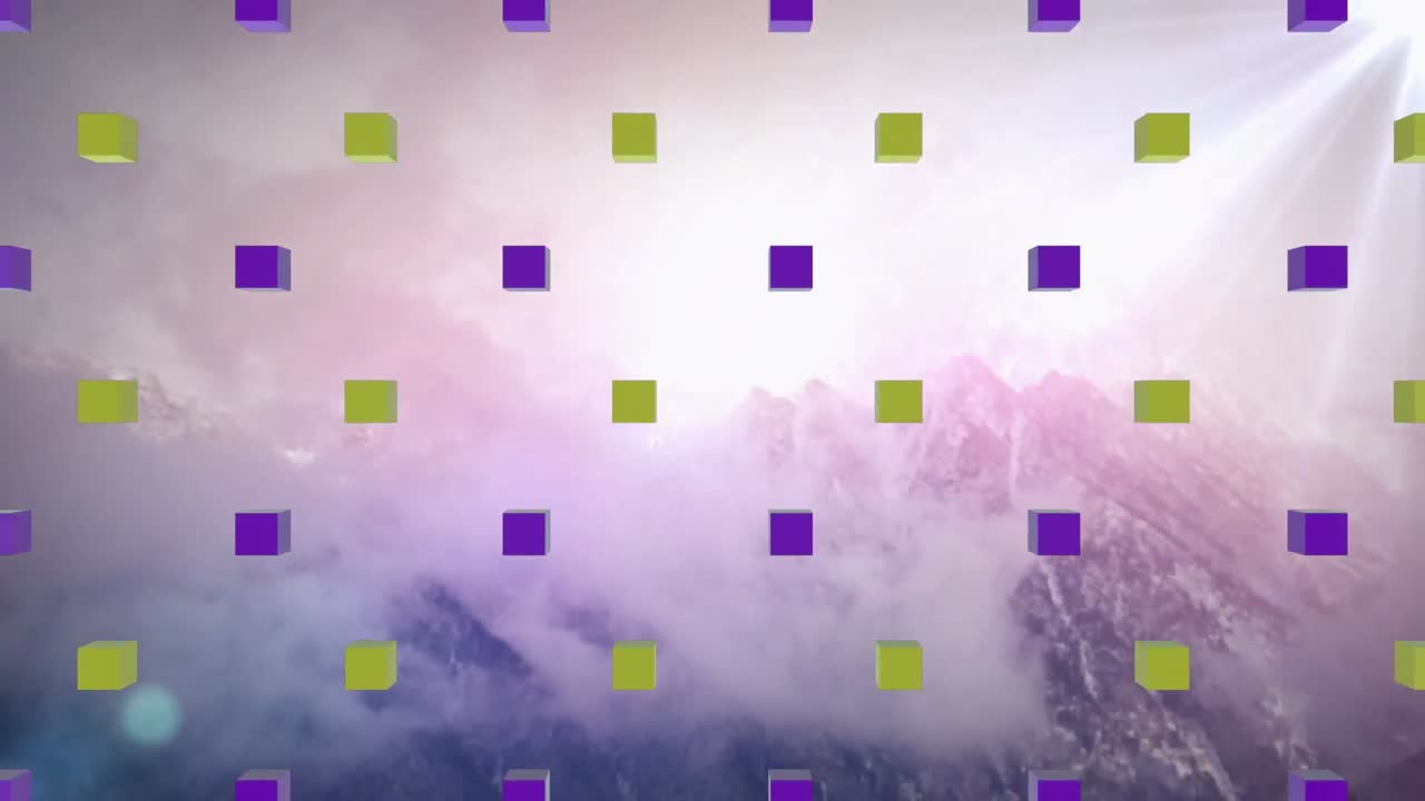 animación de cubos sobre luz y paisaje montañoso