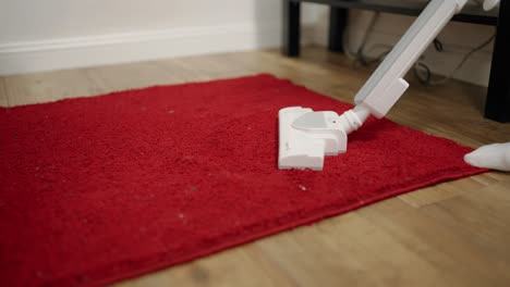 a person vacuums the floor and removes dust and dirt from the red carpet