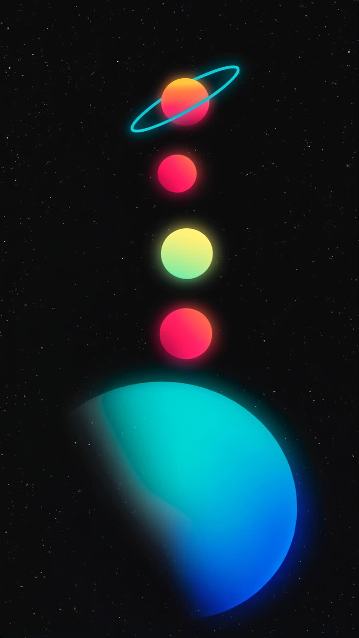 A cosmic video concept featuring a vertical alignment of glowing planets in neon colors, viewed