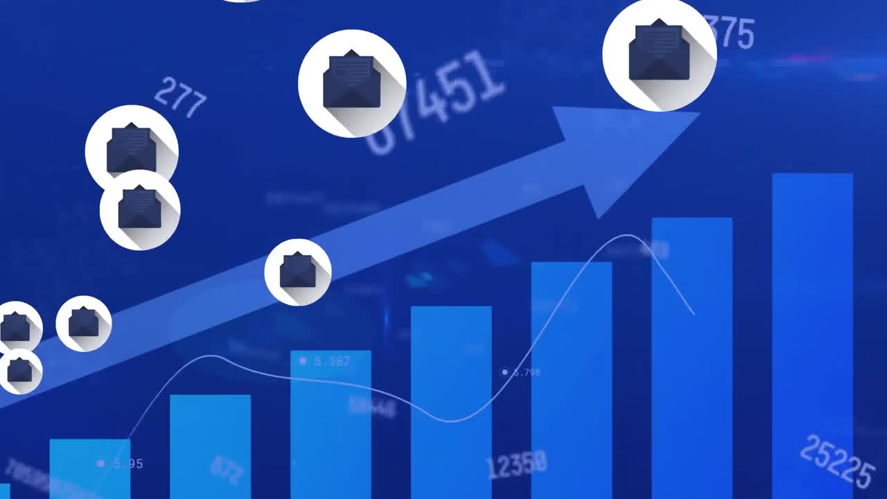 Animation of message icons, changing numbers over statistical data processing on blue background