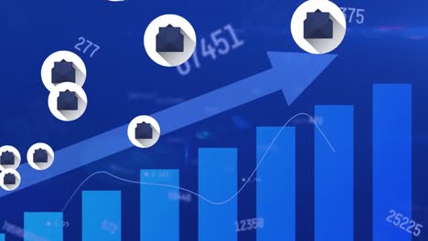 Animation-Von-Nachrichtensymbolen,-Sich-ändernde-Zahlen-über-Die-Statistische-Datenverarbeitung-Auf-Blauem-Hintergrund