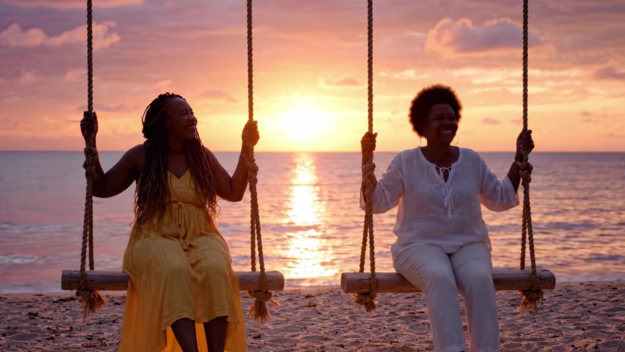 Two Friends Enjoying a Serene Sunset on Swings by the Beach, Capturing Moments of Joy and Connection Amidst the Beautiful Ocean Horizon