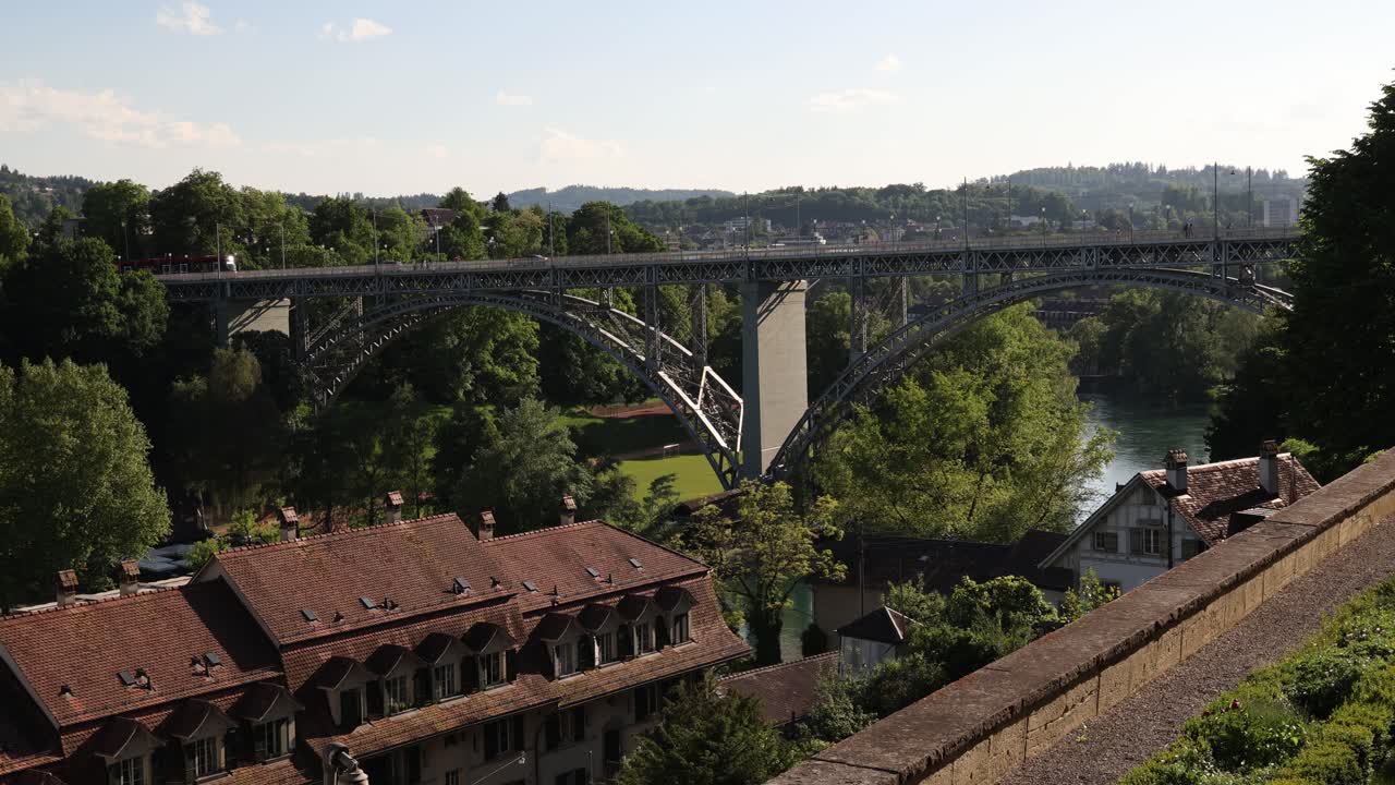 Tram crossing a bridge over Aare river in Bern, Switzerland