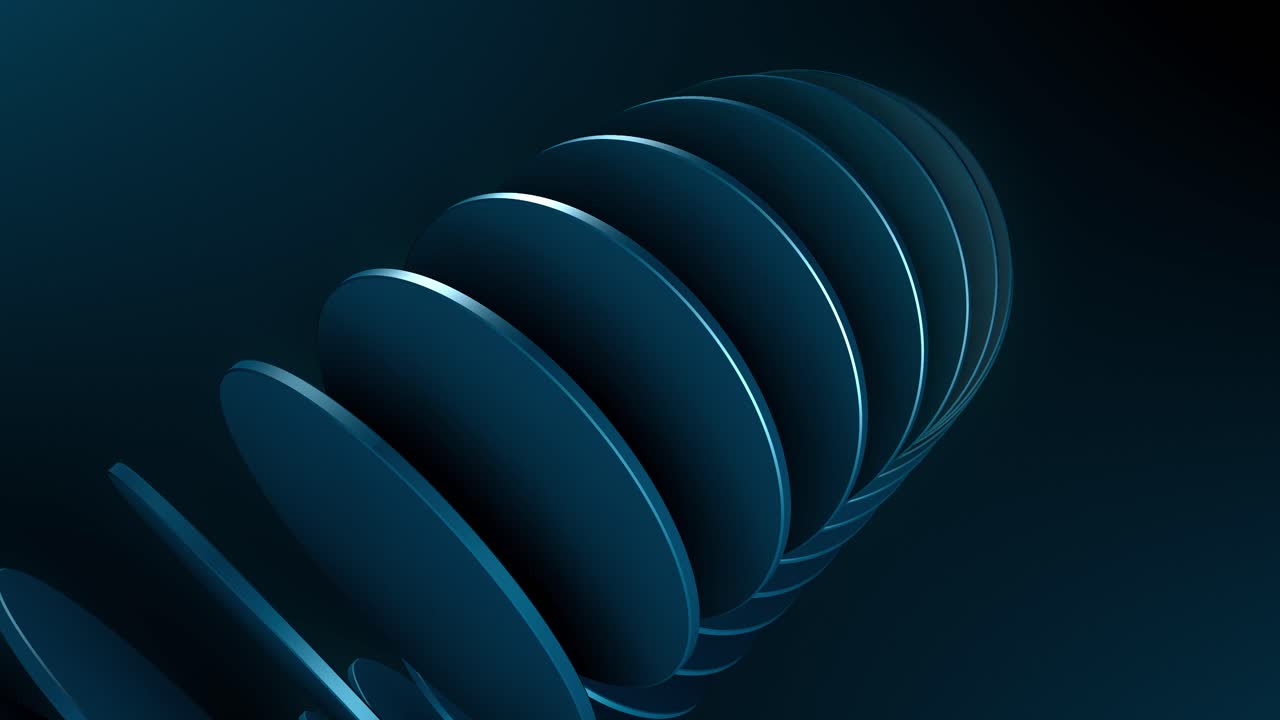 A soothing and abstract 3D animation features teal-colored circular discs gracefully rotating in an endless, rhythmic loop, gliding seamlessly across the dark teal background
