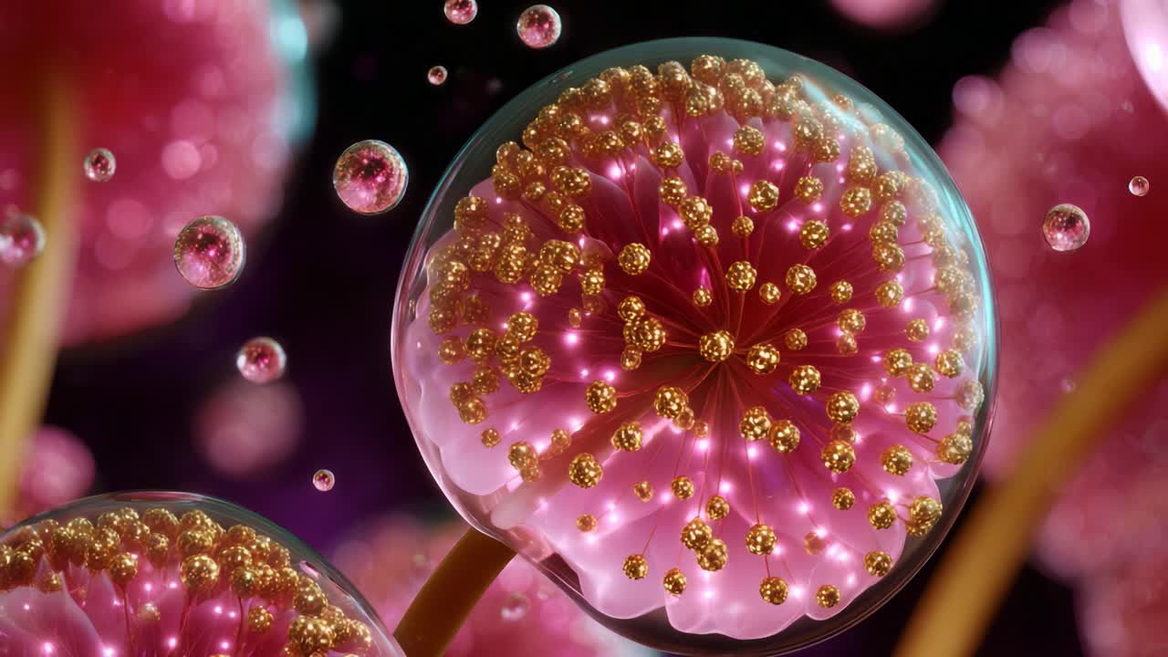 A Stunning Visualization of Vibrant Microorganisms Featuring Iridescent Spheres Surrounded by Tiny Bubbles, Capturing the Intricacies of Microbial Life in a Colorful and Engaging Environment