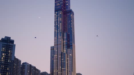 landmark skyscraper at dusk