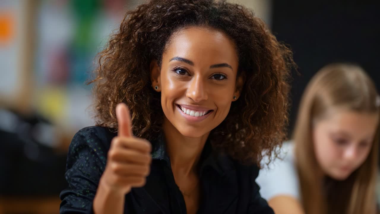 Professor(a) confiante e motivador(a) fazendo um sinal de positivo para incentivar um ambiente de aprendizado positivo em sala de aula com colaboração entre alunos