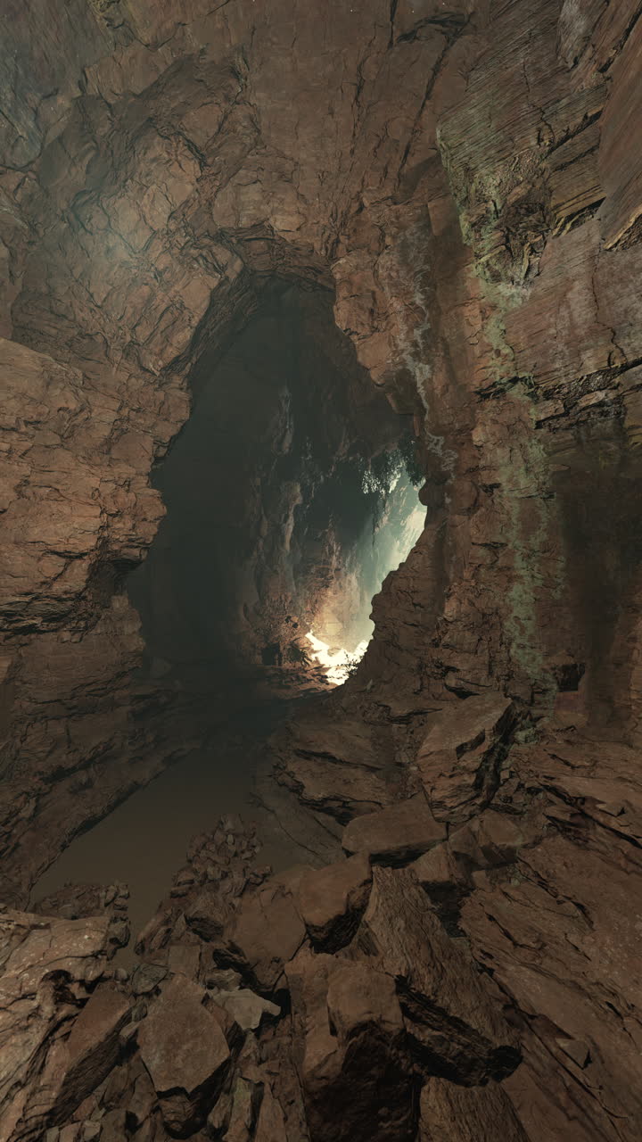 una vista de la entrada de una cueva oscura con luz al final del túnel
