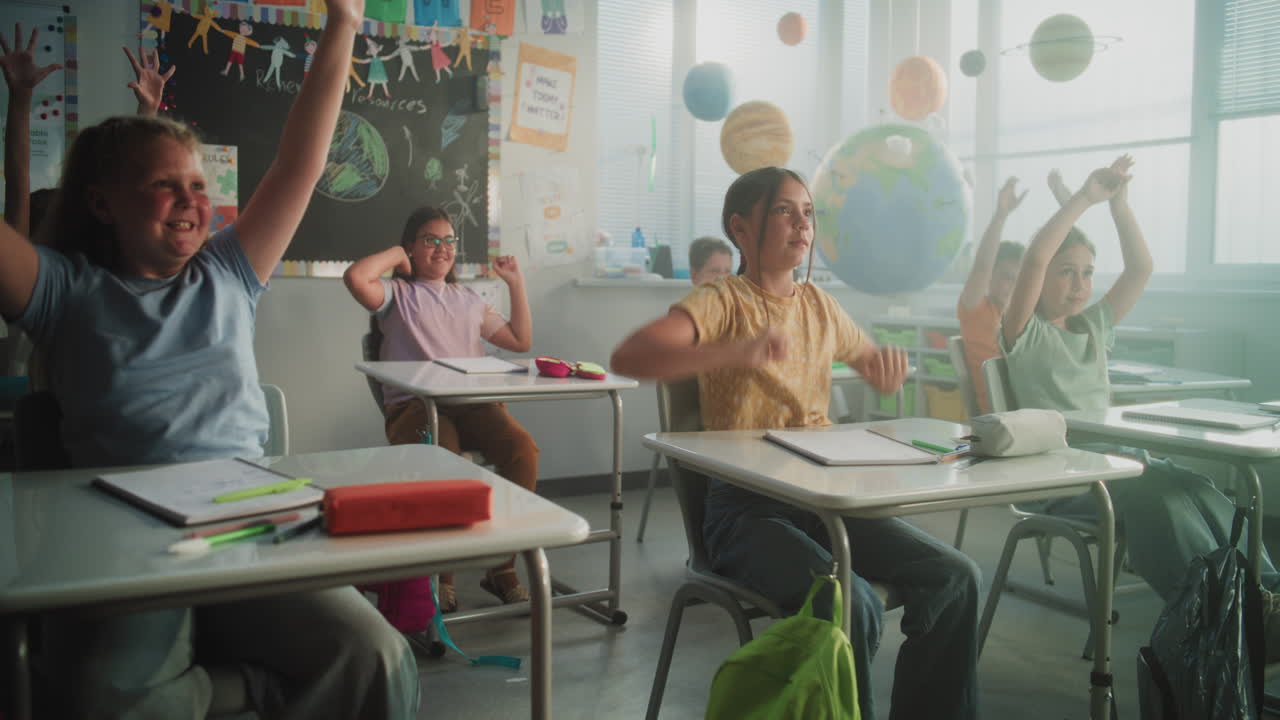 Female Teacher Conducting Funny Interactive Lesson to Primary School Children