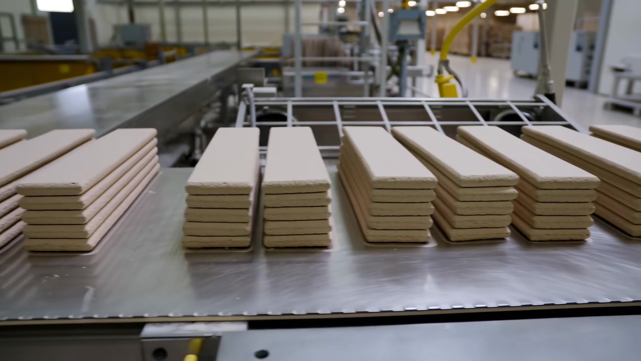 Uniform pale rectangular pieces remain stacked in tidy groups as viewpoint moves along metal processing line, revealing rails, equipment, overhead lights, and clean open factory interior.
