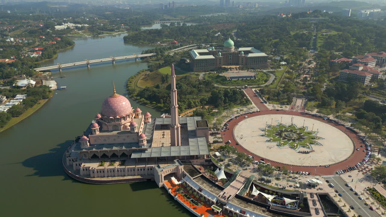 Putrajaya Mosque And Government House Kuala Lumpur Malaysia Drone Track Back 4K 60FPS