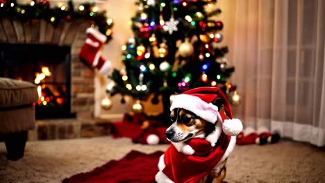 dog in santa hat by the christmas tree