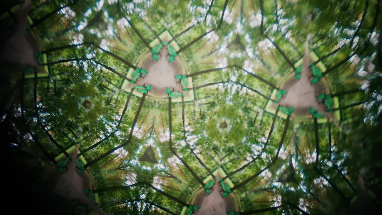 A creative kaleidoscope effect featuring multiple mirrored images of green trees in a park