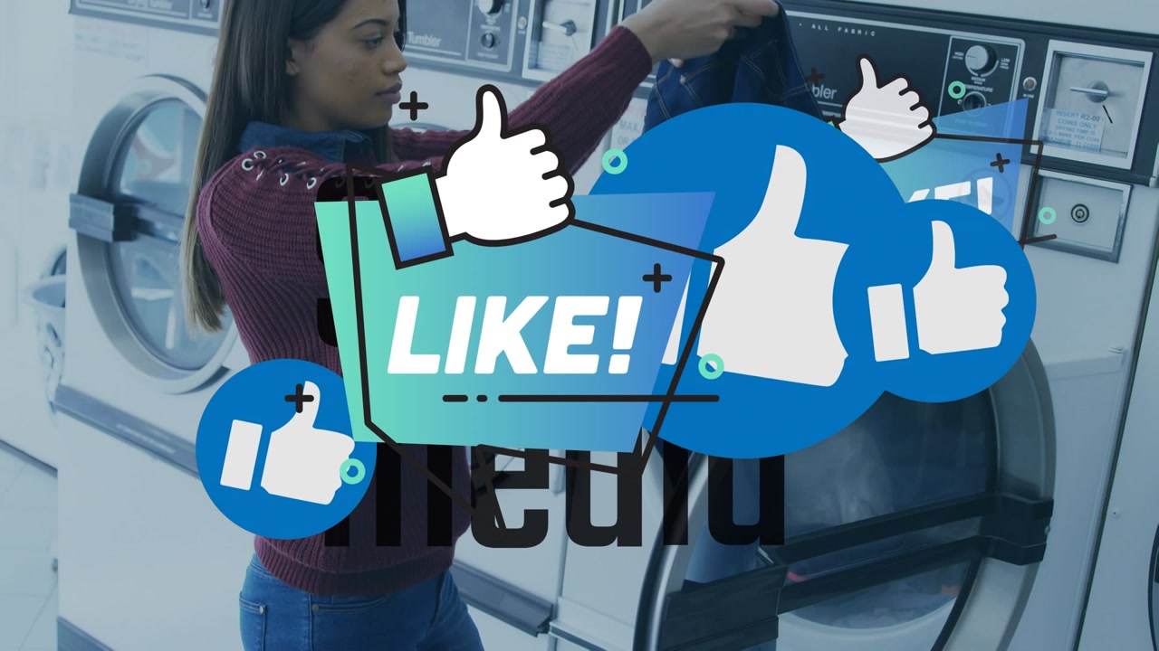 Like text banner and icons over african american woman doing laundry at public laundromat