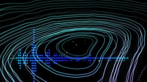 animación de patrón circular y onda sonora contra un fondo negro