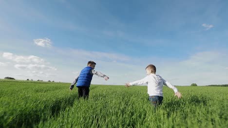 happy boys running together. two happy boys running together on green grass against blue sky