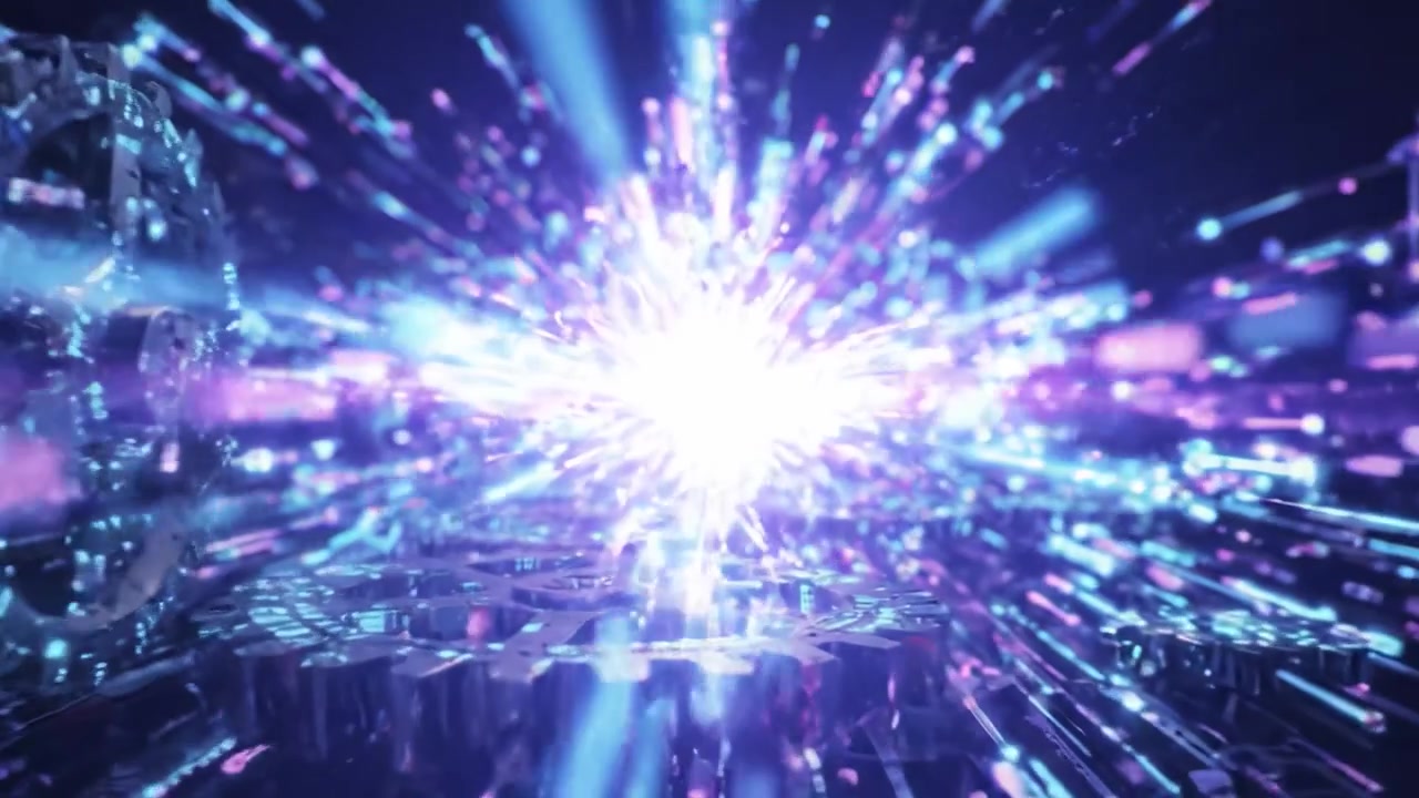 Dynamic Digital Environment with Glowing Gears and Pulsating Light Effects, Creating a Motion of Technological Advancement and Cybernetic Vibes