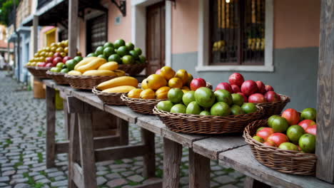 fruit stall on a cobblestone street