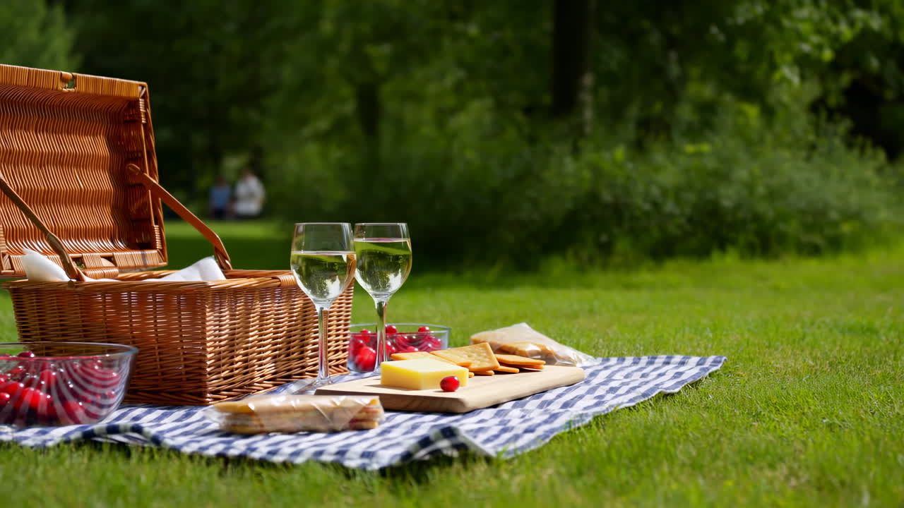 Cesto da picnic con vino e snack su erba verde in un parco.
